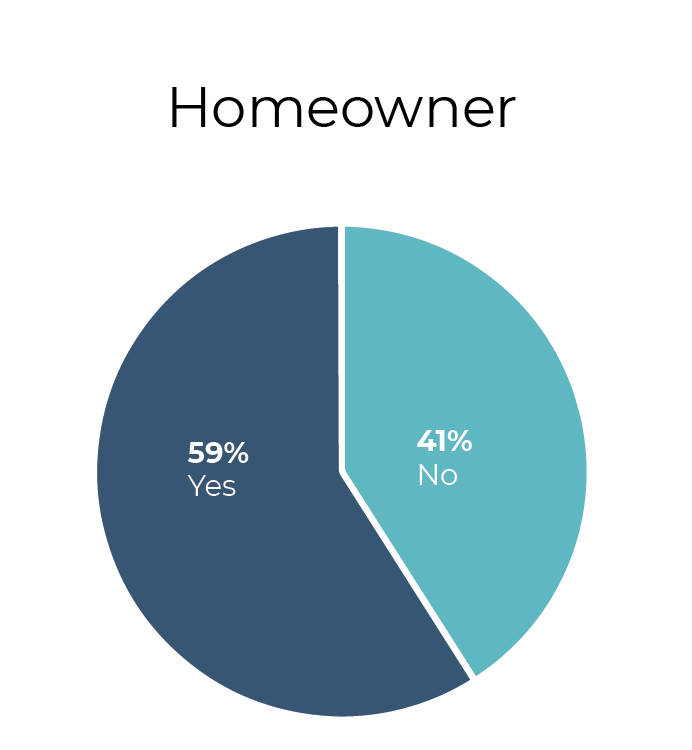 Homeowner demographic pie chart. 59% yes in a navy portion; 41% no in a teal portion.